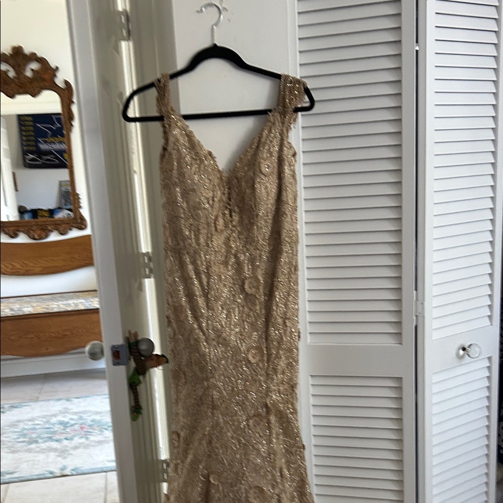 Gold Beaded V-Neck Evening Dress